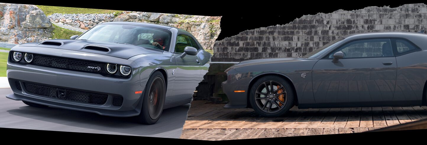 Un par de imágenes que muestran el exterior del Dodge Challenger SRT Hellcat Redeye 2022, desde la parte delantera y el lateral.