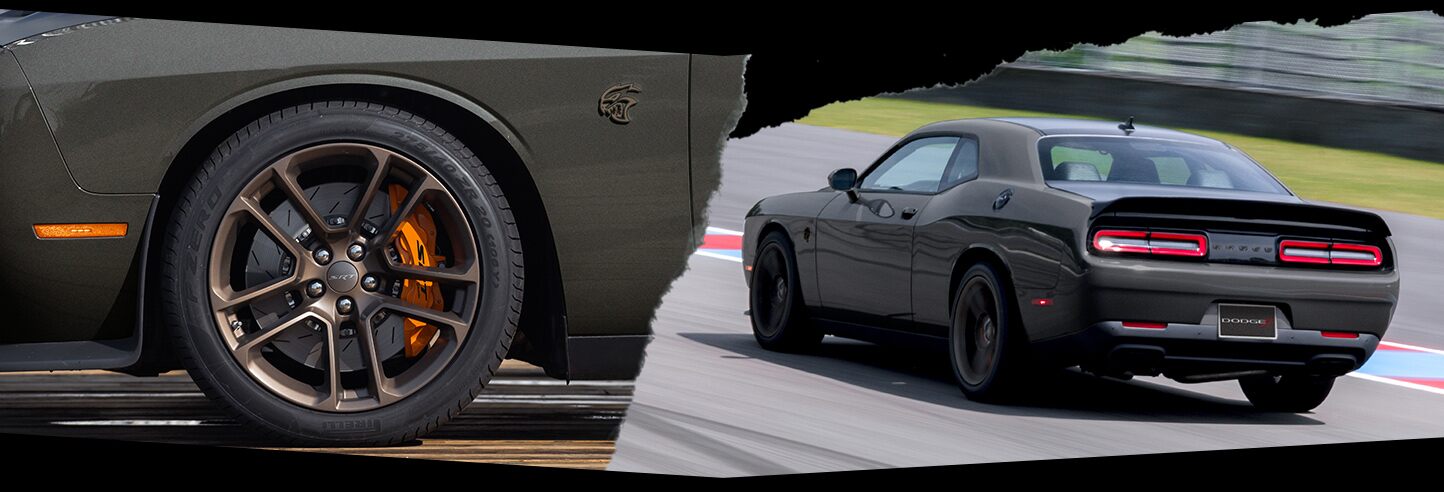 Dos imágenes del Dodge Challenger SRT Hellcat 2022: una de la rueda delantera (izquierda) y otra vista trasera de medio perfil del vehículo (derecha).
