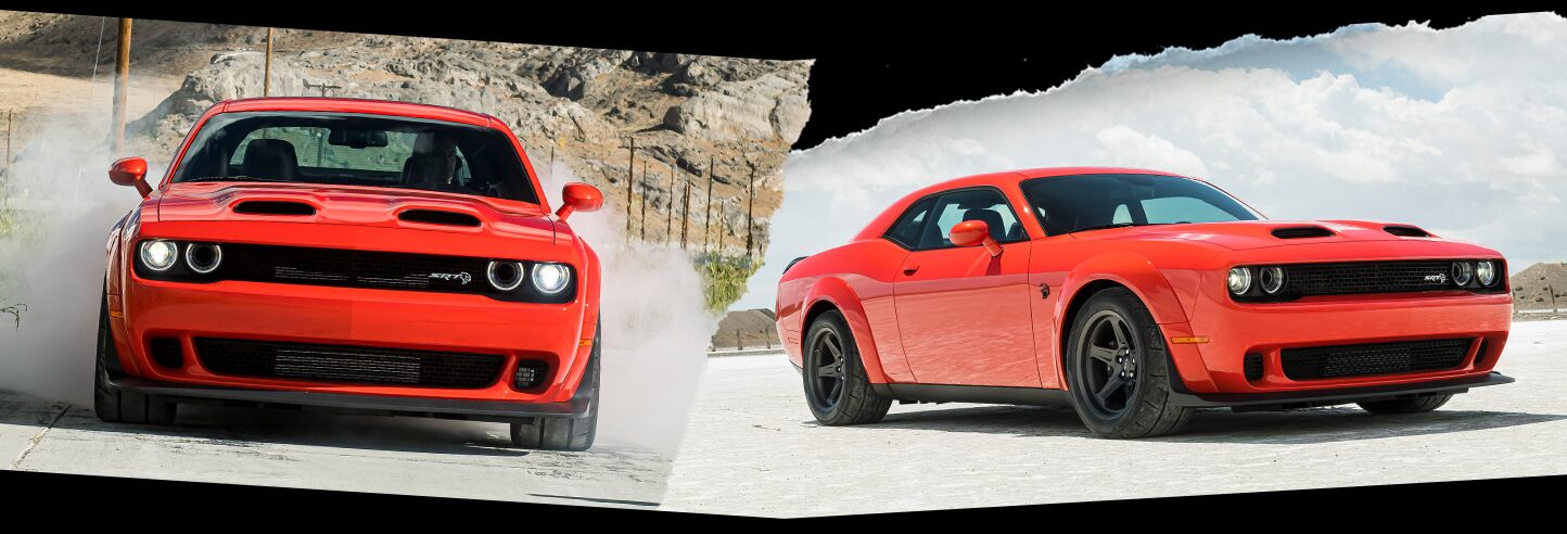 Vista de frente (izquierda) y de medio perfil (derecha) del Dodge Challenger SRT Super Stock 2022.
