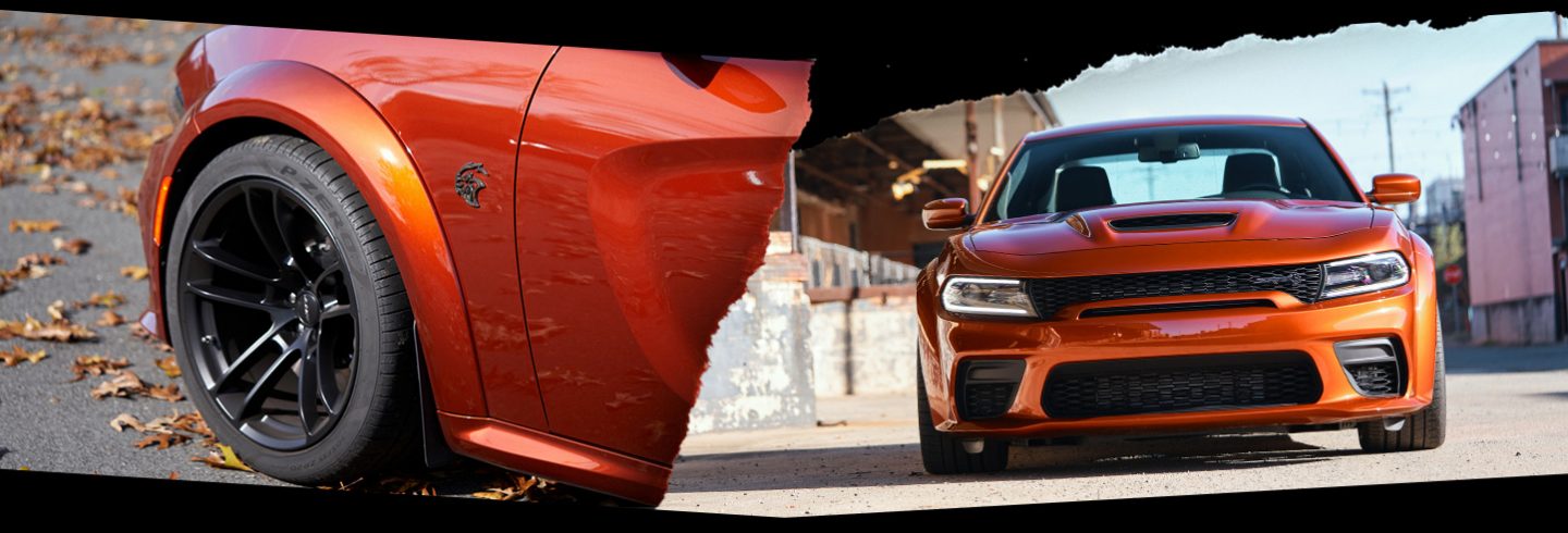 El Dodge Charger SRT Hellcat Redeye Widebody 2022 visto desde dos perspectivas: un primer plano de la rueda delantera (izquierda) y una vista delantera completa (derecha).