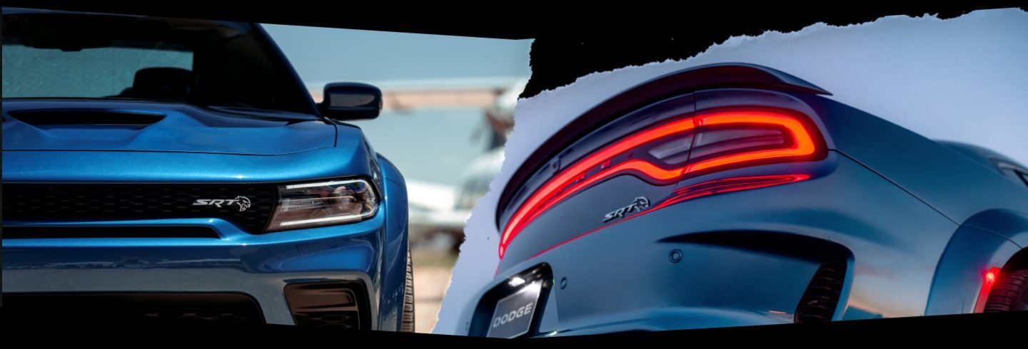 Un par de imágenes que muestran las vistas delantera y trasera del Dodge Charger SRT Hellcat Widebody 2022.