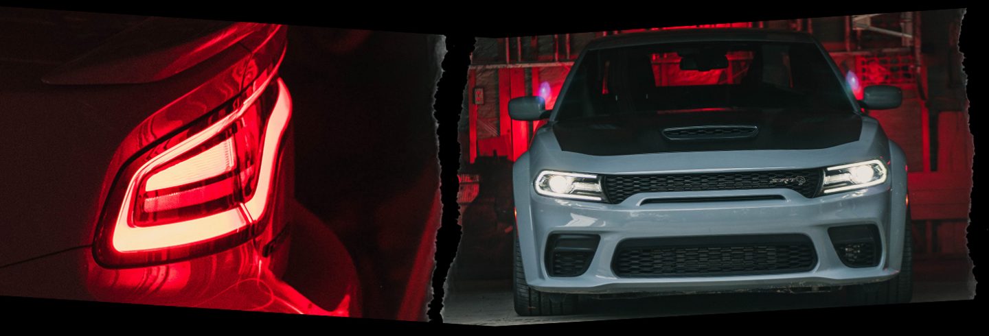Faro trasero del Dodge Charger SRT 2022 mostrado encendido (izquierda) y una segunda vista de frente de los faros delanteros del vehículo (derecha). Faro trasero del Dodge Charger SRT 2022 mostrado encendido (izquierda) y una segunda vista de frente de los faros delanteros del vehículo (derecha).