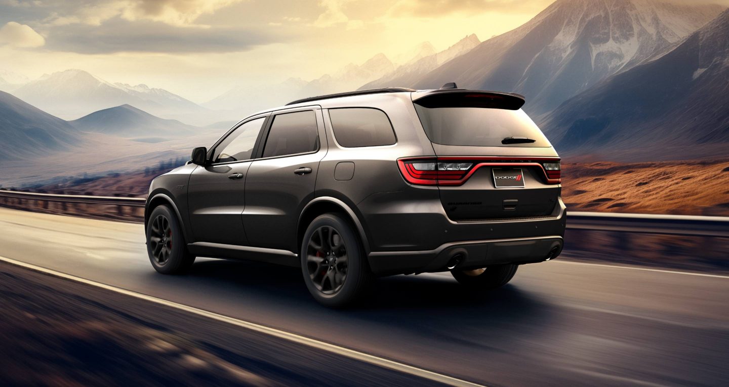 Se muestra la parte trasera de un Dodge Durango R/T 392 2026 gris oscuro recorriendo una carretera al atardecer.