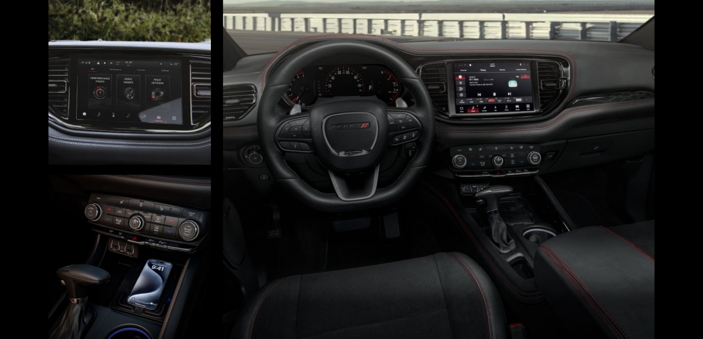 Un conjunto de 3 imágenes del interior del Dodge Durango 2026: la pantalla táctil de Uconnect, el volante, la pantalla digital en el panel de instrumentos, los asientos delanteros y la base de carga inalámbrica.