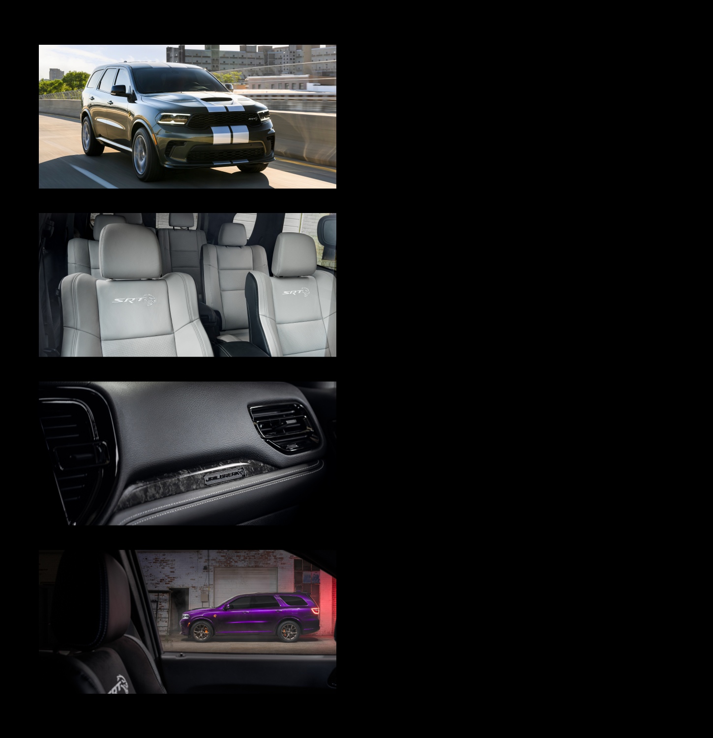 Una combinación de cuatro imágenes del Dodge Durango SRT Hellcat Jailbreak 2026: un modelo verde con franjas dobles blancas al centro, las tres filas de asientos con SRT bordado en los asientos delanteros, el tablero y el emblema Jailbreak interior, y el perfil lateral del lado del conductor de un modelo púrpura con el capó pintado en negro.
